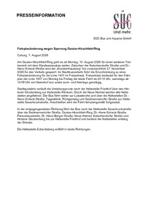 Fahrplanänderung wegen Sperrung Gustav-Hirschfeld-Ring
