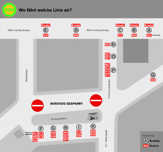 Bussteigbelegung ZOB während Sperrung A - E