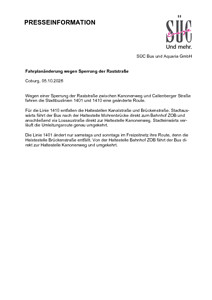 Fahrplanänderung wegen Sperrung der Raststraße