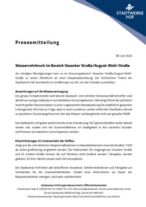 Pressemitteilung Hof: Wasserrohrbruch