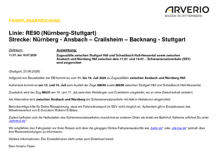 RE 90: Zug­aus­fälle & SEV (Nürn­berg -> Ansbach)