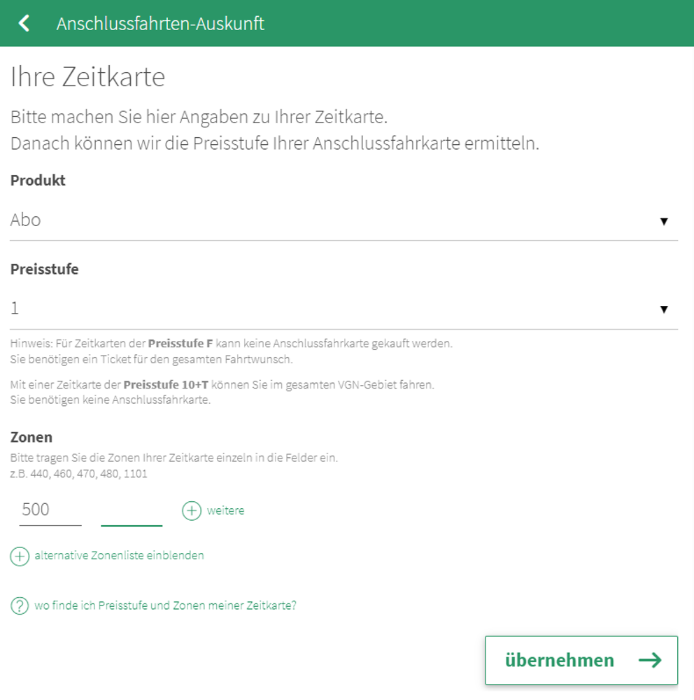 Angaben zu Preisstufe und Zonen der Zeitkarte ergänzen &ndash;  (&copy;&nbsp;VGN GmbH)