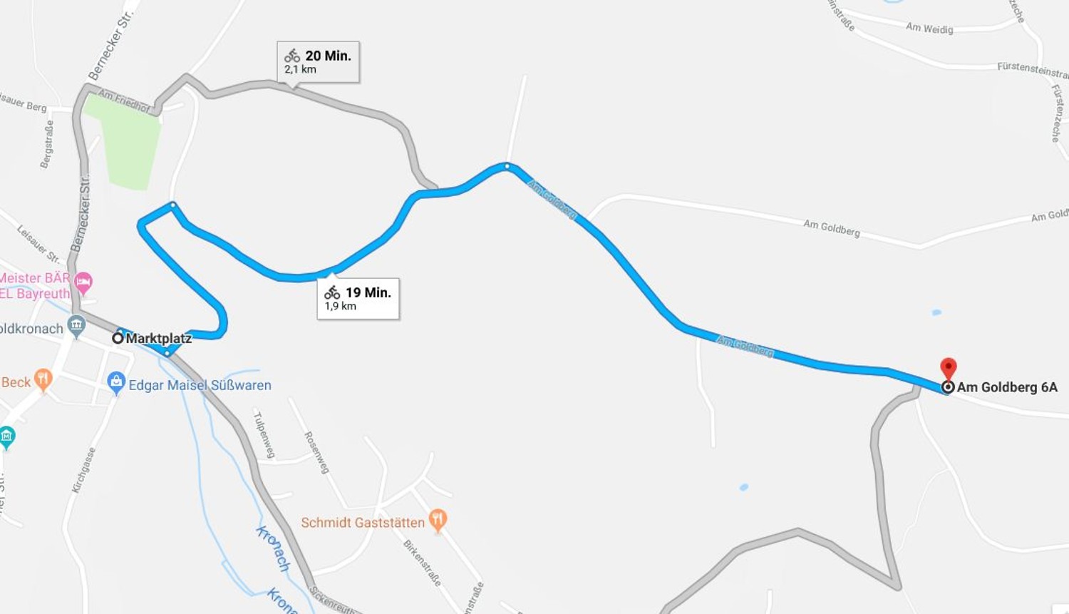 optionaler Weg zu den Besucherbergwerken (Ausschnitt Google Maps) &ndash;  (14.10.2018, G. Härer &copy;&nbsp;VGN GmbH)