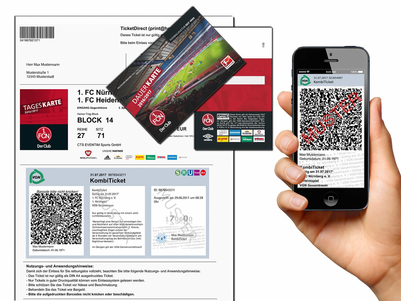 Ob ausgedruckt, auf dem Handy oder mit Logo-Aufdruck &ndash; Sobald es zur Veranstaltung ein KombiTicket gibt, fahren Sie mit den Öffentlichen kostenlos hin und zurück im genannten Geltungsbereich  (&copy;&nbsp;Ticketmuster: 1. FCN/VGN GmbH, Fotomontage: VGN GmbH)