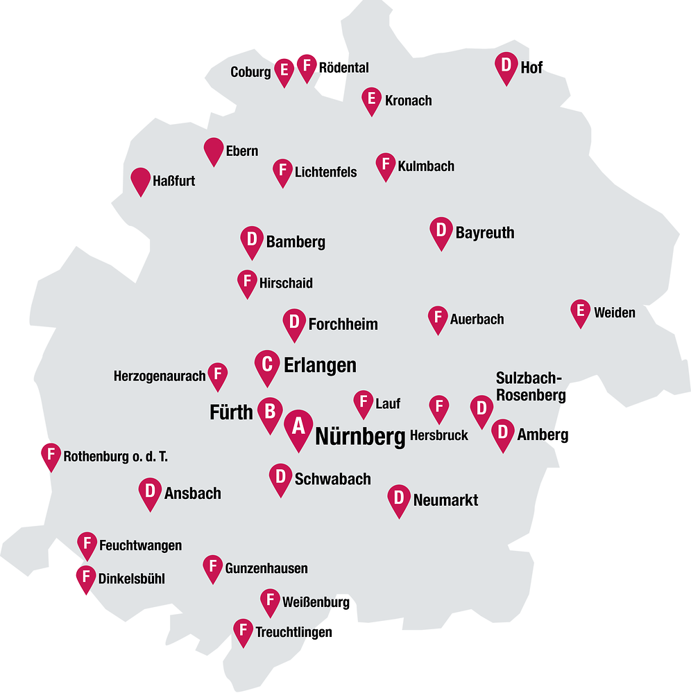 Stadttarife A–F im VGN-Verbundgebiet &ndash; Übersicht der Stadt­ta­rife A-F im VGN Ver­bund­ge­biet.  (&copy;&nbsp;VGN GmbH)