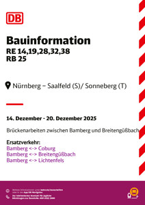 RE 14, RE 19, RE 28, RE 29, RE 35, RE 38, RB 25: Abweichenden Abfahrszeiten sowie Zugausfölle mit Schienenersatzverkehr