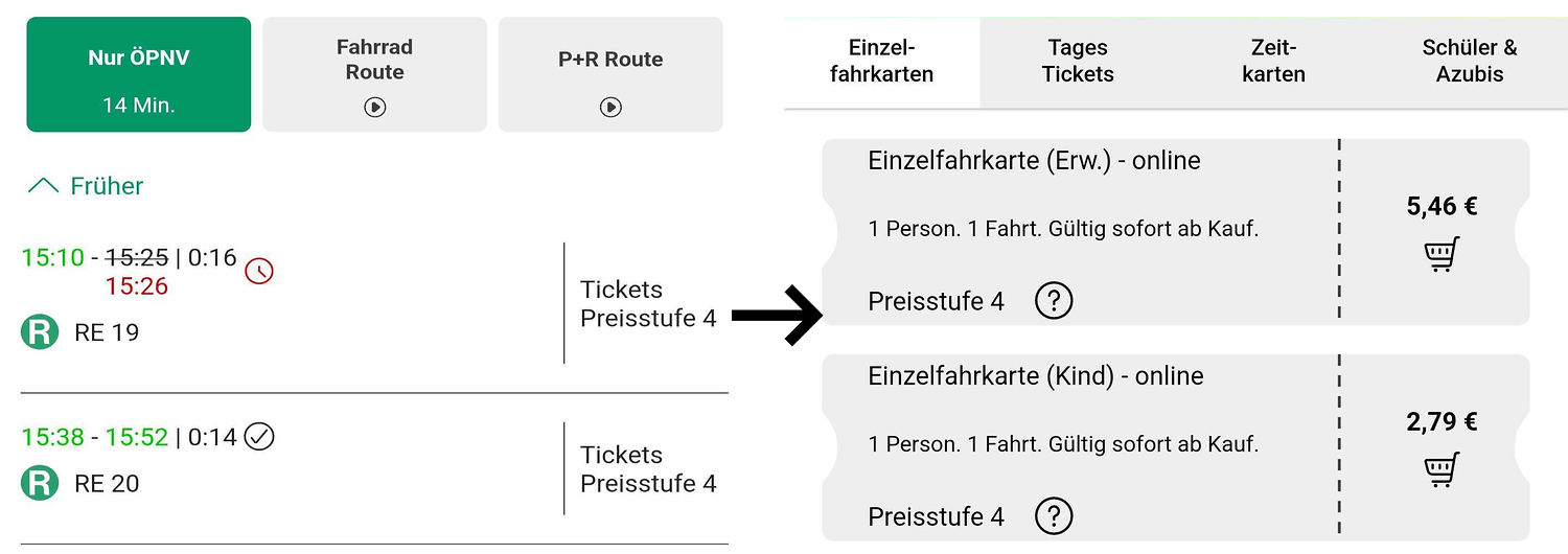 Ticketkauf auch ohne Tarifkenntnisse &ndash; Darstellung zweier App Screenshots zur Erläuterung eines Ticketkaufs aus Auskunft (Preisstand: 01.04.2024)  (&copy;&nbsp;VGN GmbH)