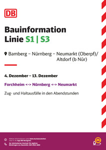 S1, S3, RE 22, RE 50:  Abweichenden Abfahrzeiten, Zug- und Haltestellenausfälle sowie SEV
